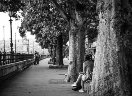 Gray Scale Photo of Woman Sitting Down in Chair Near Trees