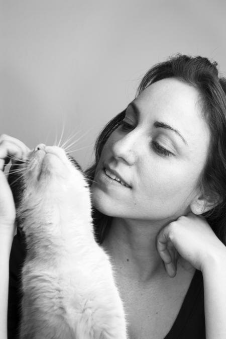 Grayscale Photo of Woman and Cat