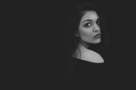 Grayscale Photo of Woman in Black Top