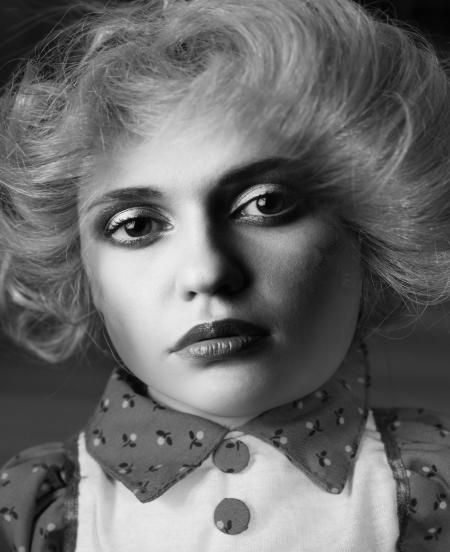 Grayscale Photo of Woman in Collared Shirt in Close Up Shots