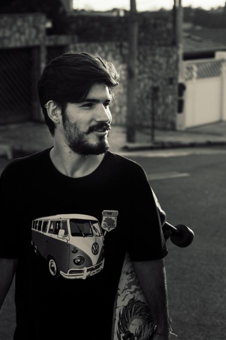 Grayscale Photography of a Man Wearing Black Crew-neck Shirt