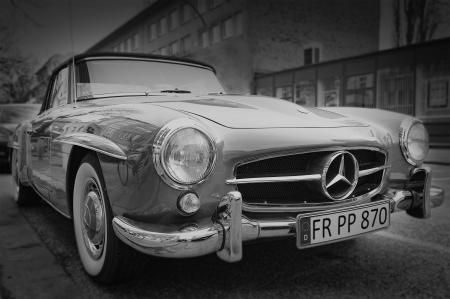Grayscale Photography of Classic Mercedes Benz Car