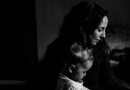 Grayscale Photography of Mother and Child