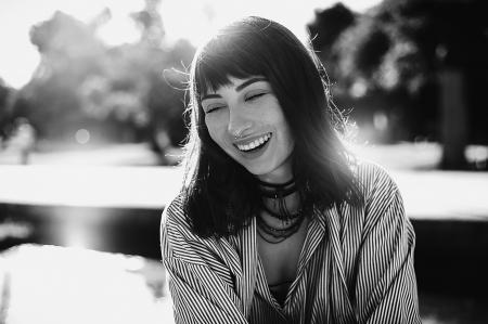 Grayscale Photography of Woman Wearing Stripe Shirt and Necklace