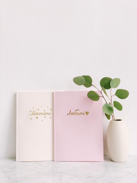 Green Leaf Plant Beside Two Pink and White Notebooks