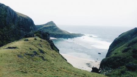 Green Mountain Ruins Near Seashore