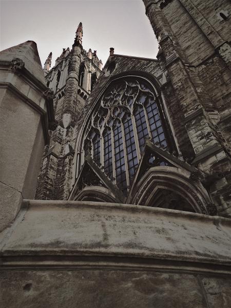 Grey Stone Cathedral Stained Glass Window Exterior