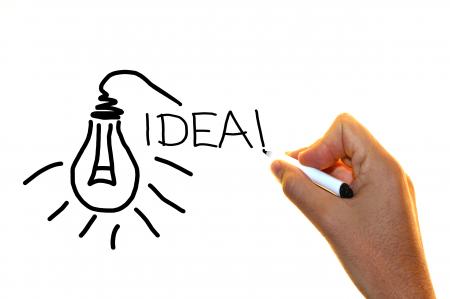 Hand drawing the word idea with lightbulb sketch
