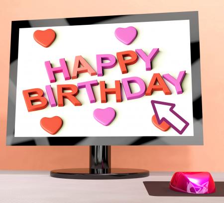 Happy Birthday On Computer Screen Showing Online Greeting