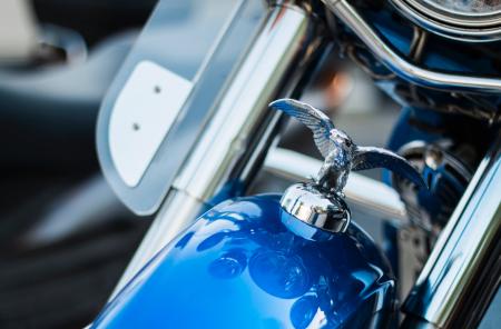 Harley Davidson Emblem on Top Front of Blue Motorcycle