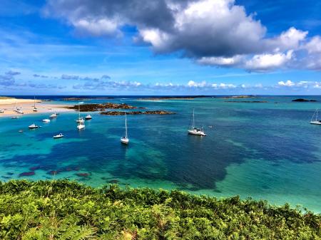 High Angle Photography of Beach With Sailing Boats Under Blue Sky and Gray Clouds