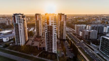 High Angle Photography of High-rise Buildings Near Road during Golden Hour