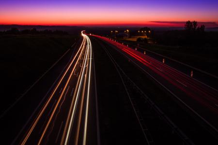 Highway Sunset, light trails, Poland