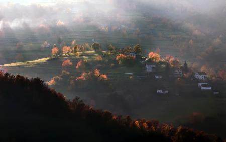 House on Green Hills With Trees Painting