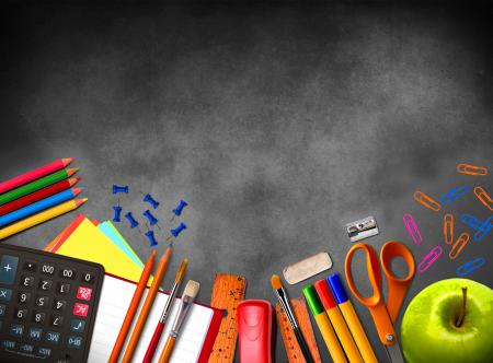 Illustration of school supplies and material on blackboard background