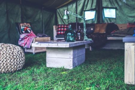 Interior of military tent / wooden table