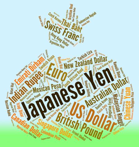 Japanese Yen Indicates Exchange Rate And Banknotes