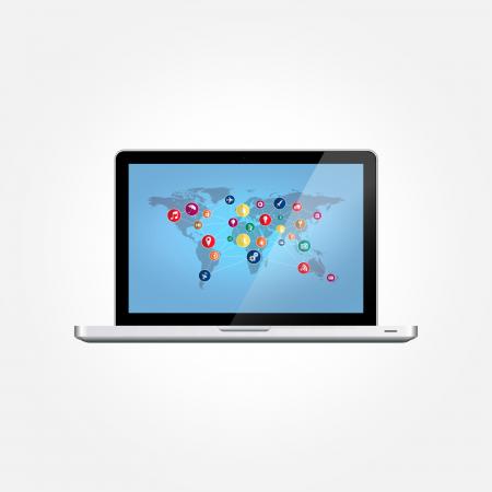 Laptop with World Map and Technology Icons