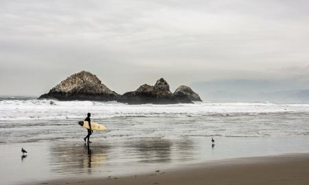 Man Carrying Surfboard in Front Bodies of Water on Brown Sand