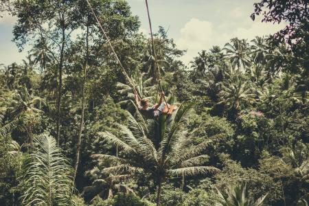 Man Holding on Rope in Forest