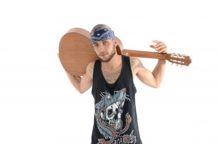 Man in Black and Grey Tank Top Carrying Brown Classical Guitar