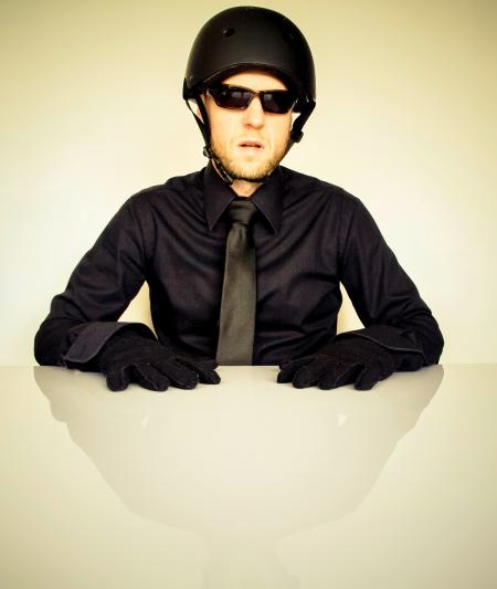 Man in Black Dress Shirt Wearing Half Helmet