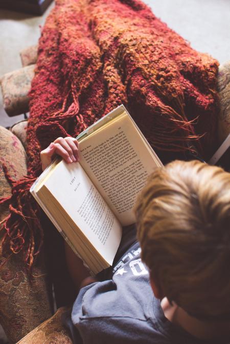 Man in Blue Shirt Reading Book