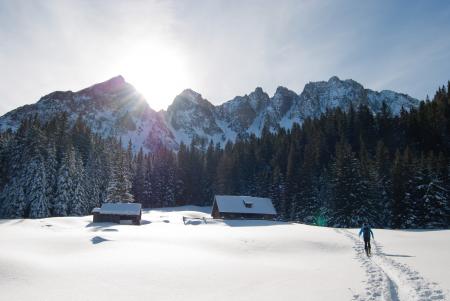 Man Walking Towards Brown Housen in a Snow Place