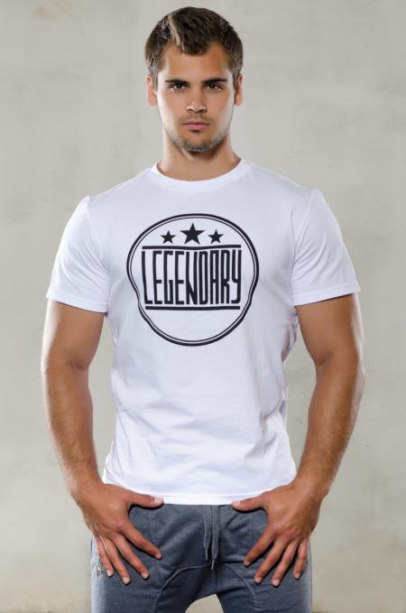 Man Wearing White and Black Legendary Print T-shirt