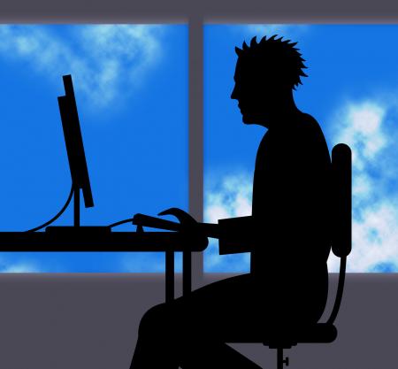 Man Working Online Indicates Web Site And Computer