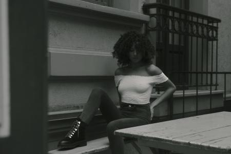 Monochrome Photography of Woman Wearing White Off-shoulder Top