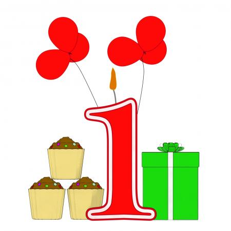 Number One Candle Shows One Year Birthday Party Or Celebration