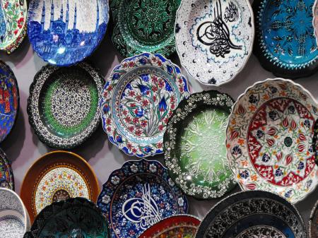 Numerous colorful decorative plates