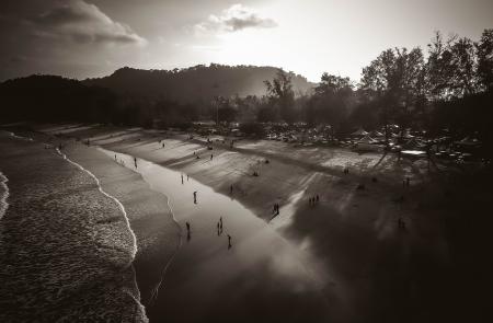 People on Beach Grayscale Photo