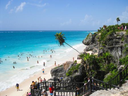 People on Cliff With Grass Trees Watching People on Sea Shore Swimming Walking Under Blue Clouds during Daytime