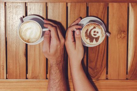 Person Holding Cup of Coffees on Table