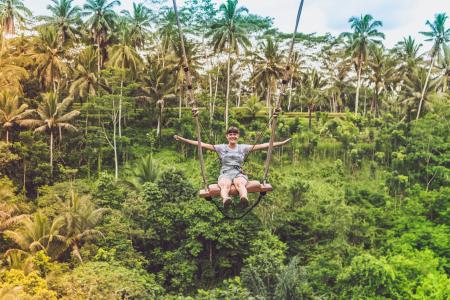 Person In Grey Shirt Surrounded By Green High Trees