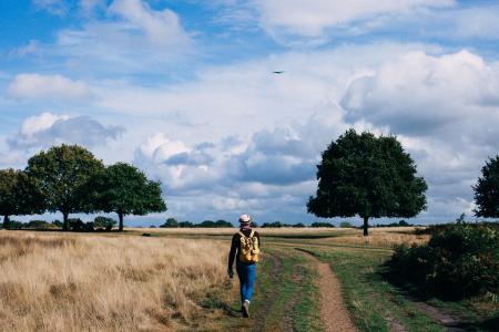 Person in Yellow and Black Backpack Walking on Green Grass Field Under Cloudy Blue Sky during Daytime