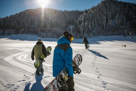 Person Wearing Blue Winter Jacket Carrying Snowboard Under Sunny Sky