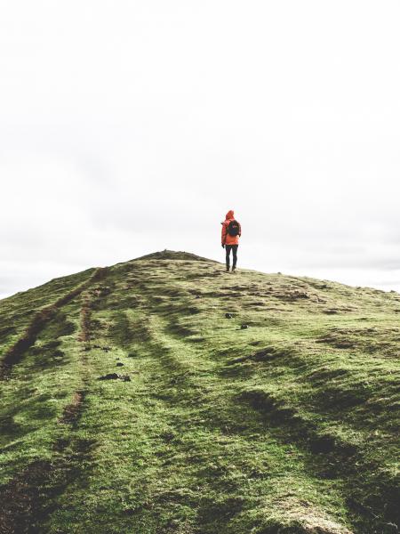 Person Wearing Orange Hoodie Standing on Green Mountain Under White Sky