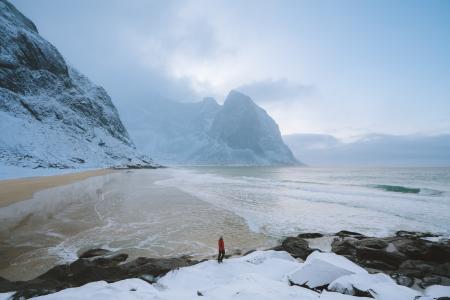 Person Wearing Red Jacket on Seashore