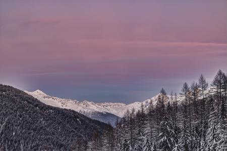 Photo of Mountains Covered with Snow and Surrounded with Trees