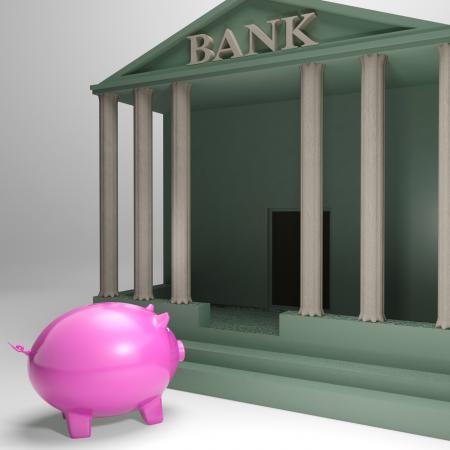 Piggybank Entering Bank Shows Money Loan