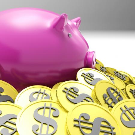 Piggybank Surrounded In Coins Showing American Wealth