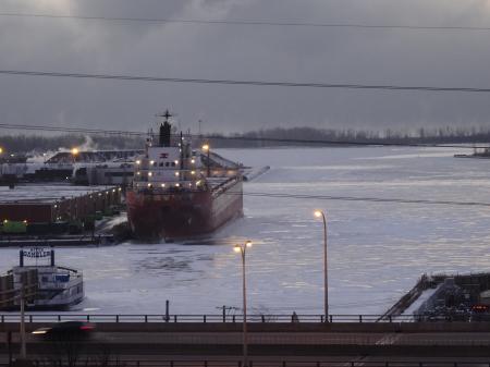 Pineglen moored in icy Toronto harbour, shortly after sunrise, 2015 01 13 -a