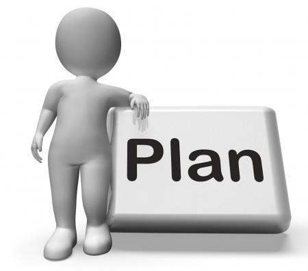 Plan Button With Character Shows Objectives Planning And Organizing