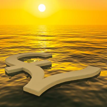 Pound Floating And Sunset Showing Money Wealth Or Earnings