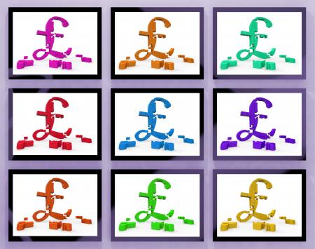 Pound Symbols On Monitors Showing Britain Finances