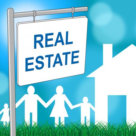 Real Estate Sign Indicates For Sale And Buildings