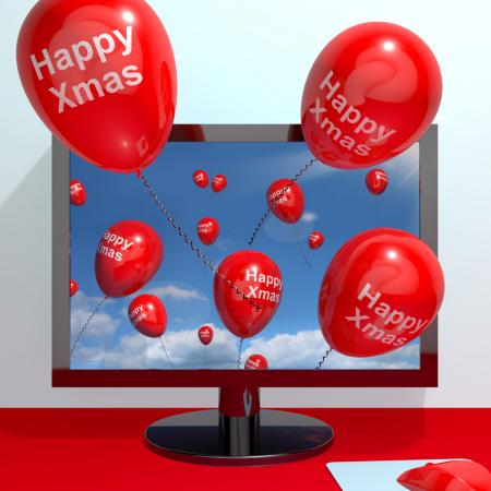 Red Balloons With Happy Xmas From Computer Screen For Online Greetings